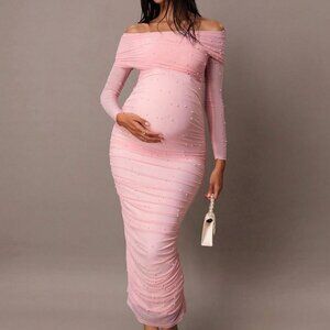 Pink Elegant Women's Open Shoulder Pearl Embellished Slim Fit Dress